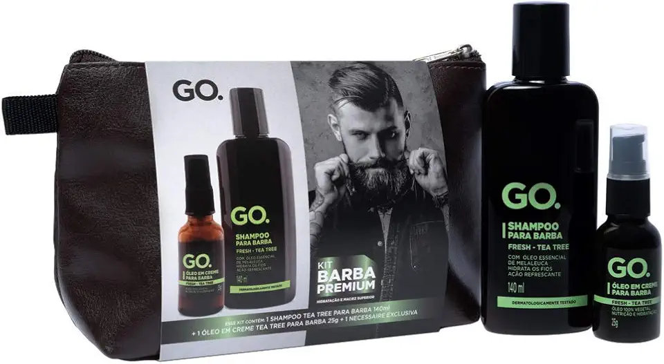 Kit Necessaire Shampoo e Óleo Tree, barba e cabelo, anti coceira, previne a caspa, natural, vegano, sem sulfato, sem sal, hidratante e condicionante, com necessaire grátis Go Man 2 produtos em 1