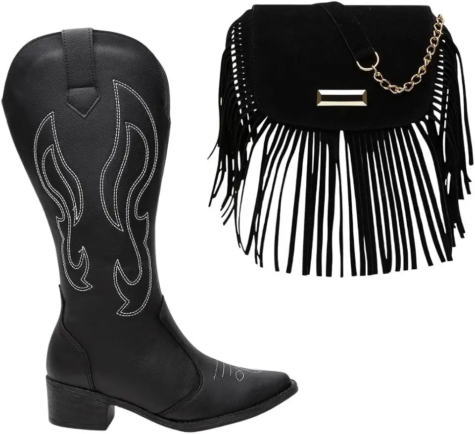 Kit Bota Texana Country Boiadeira Feminina Cano Alto Bordado Zíper Vicerinne + Bolsa Franja Boho Preto