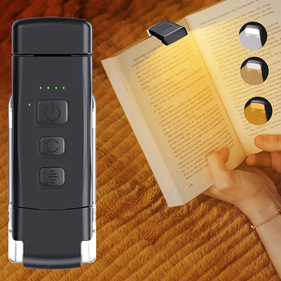 Luzes de Livros, Luz de Leitura Recarregável com 2 Modos de Tempo, 3 Modos de Cor e 5 Brilho Regulável, Preta