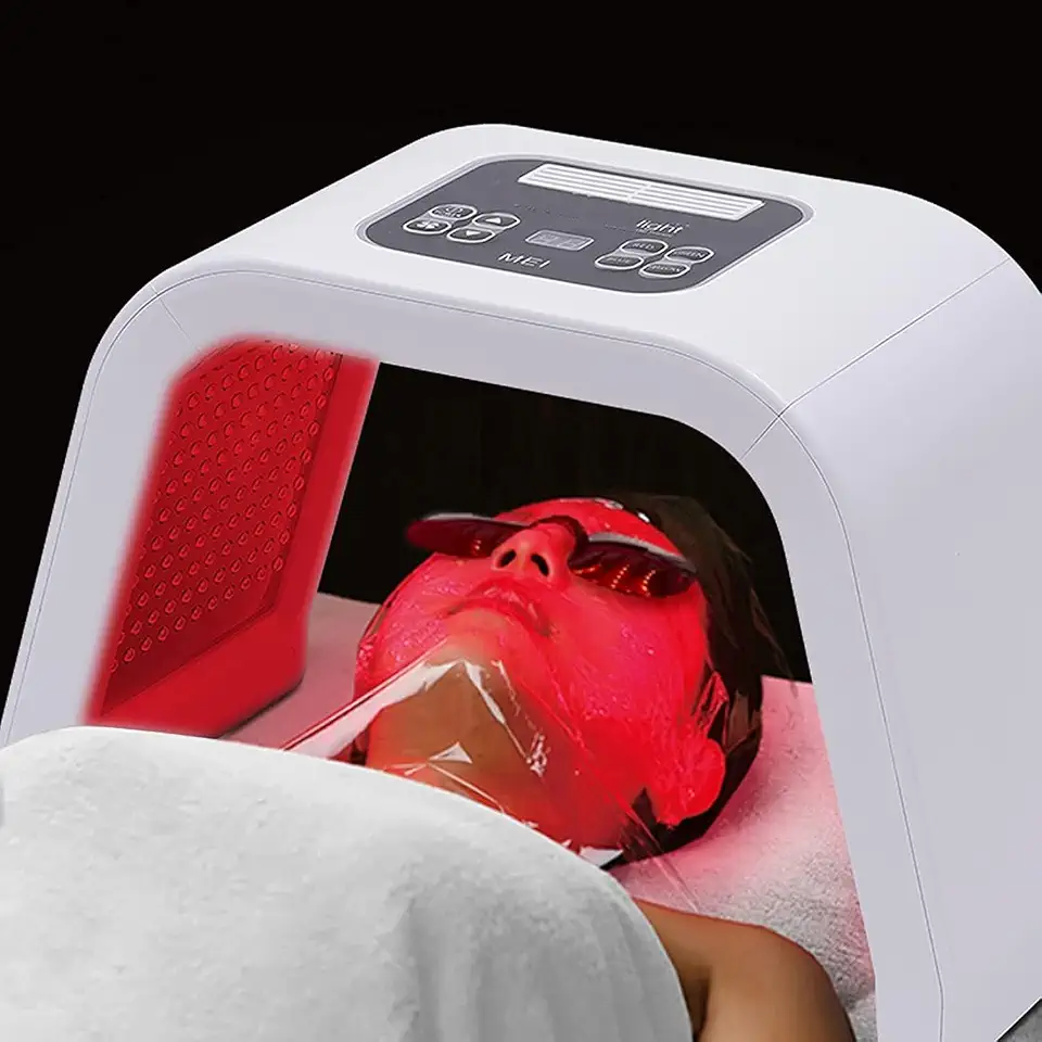 Terapia de luz infravermelha led máscara de terapia de luz facial - Derma plus, máquina de cuidados com a pele facial de fótons LED máscara de beleza terapia máquina de beleza