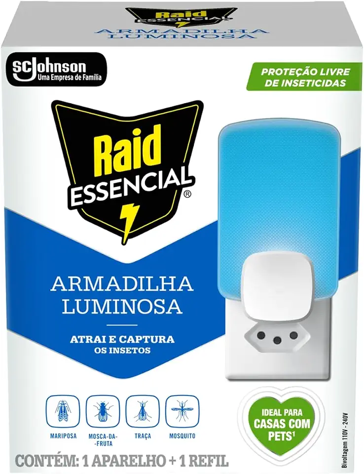 Raid Armadilha Luminosa, Captura Insetos Voadores sem Inseticida, Kit 1 Aparelho e 1 Refil Adesivo