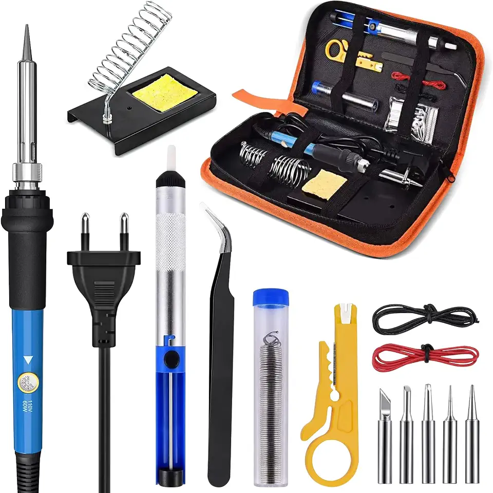 Ferro de Solda 220v Kit Ferro de Soldar Profissional 60w, Ferramenta de Soldagem de Temperatura Ajustável, 5 Pontas de Solda, Bomba de Dessolda Sugador de Solda