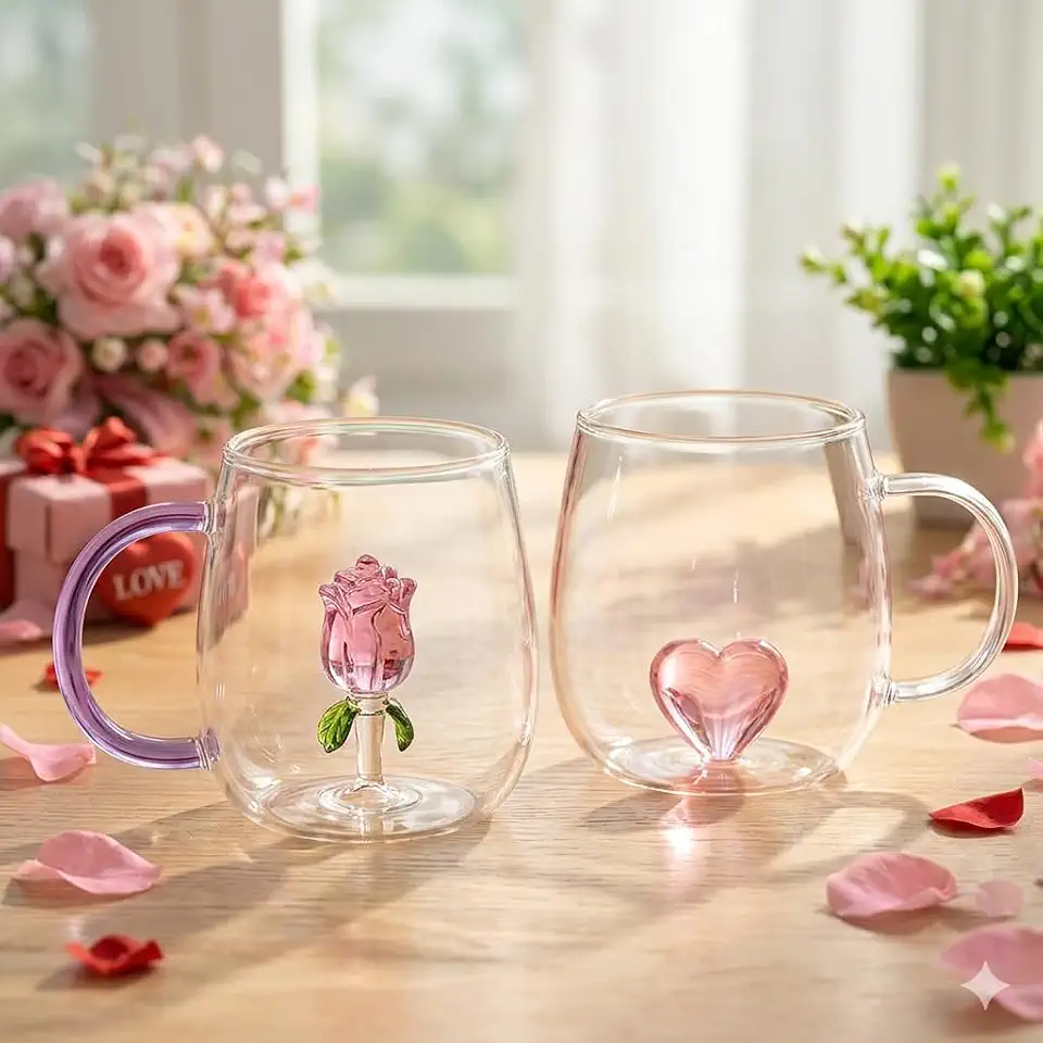 Jogo de 2 Canecas de Vidro Transparente com Detalhe 3D Rosa e Coração 400ml – Caneca Fofa para Presentear Dia das Mães