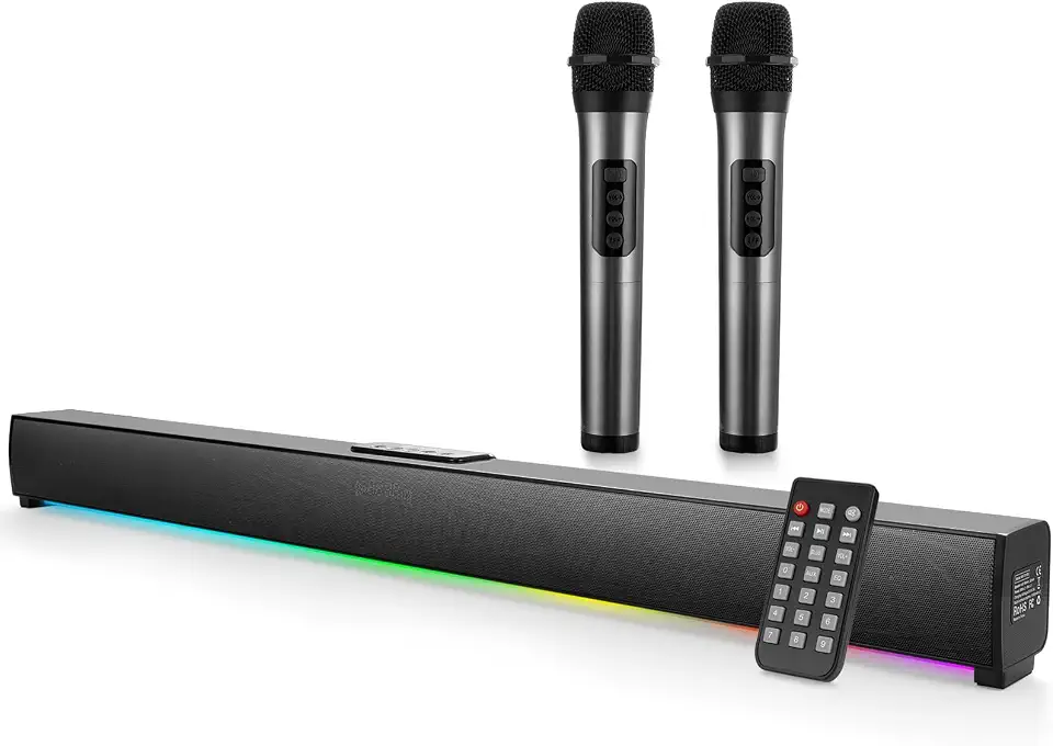 Soundbar RGB com Dois Microfones Sem Fio – 50W RMS, Caixa de Som Bluetooth para Home Theater, Karaokê Familiar, Som para TV com Visor Digital