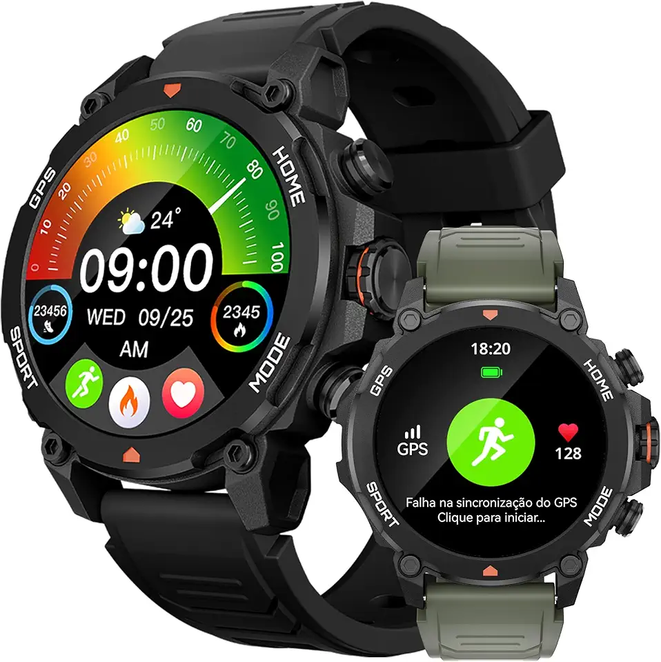 AURAFIT Smartwatch Relogio Inteligente Masculino Relógio Inteligente, GPS 150+ Monitoramento Esportivo, Altímetro Barômetro Bússola, Chamadas Bluetooth, 5ATM a Prova d'Agua, AMOLED 3,6 cm 2 Pulseiras