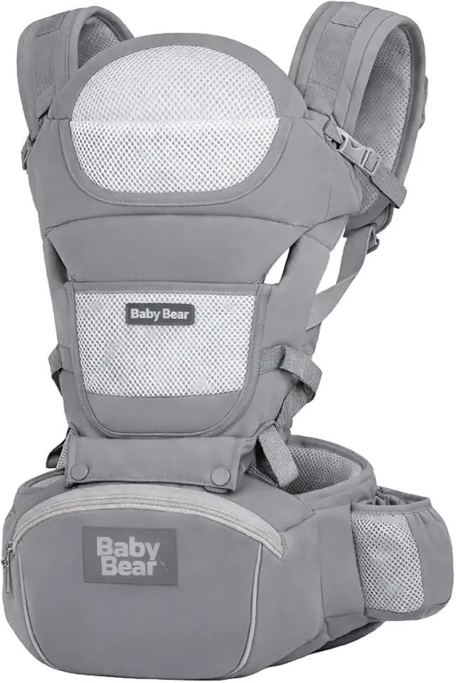Bolsa Canguru Ergonômica Premium Baby Bear 3 em 1 | Assento Acolchoado| 12 posições | Alças Reguláveis | Bolsos Frontais e Laterais (Cinza)