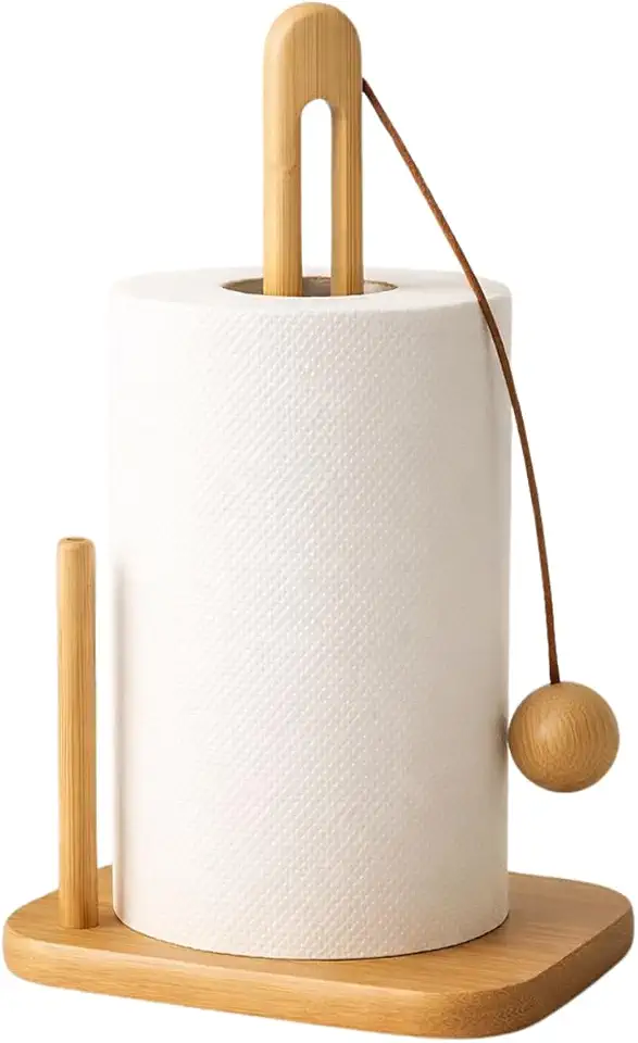 Suporte para Papel Toalha em Bambu, Base 15 cm, Altura 29 cm, com Peso para Folha não Voar - Cozinha e Organização