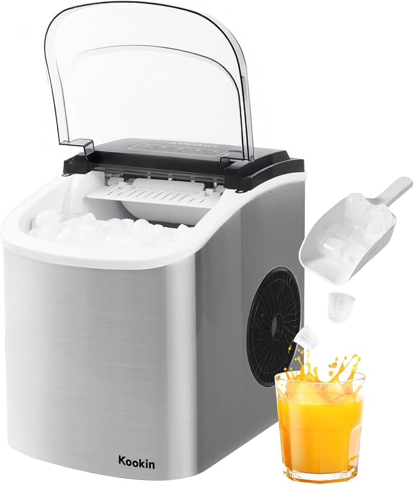 Máquina de Gelo Turbo Ice Premium Inox Portátil Kookin, 12kg por Dia, Gelo Pronto em 6–8 Minutos, Reservatório 1,3L, Limpeza Automática, com Pá e Cesto, para Casa e Bar – 127V