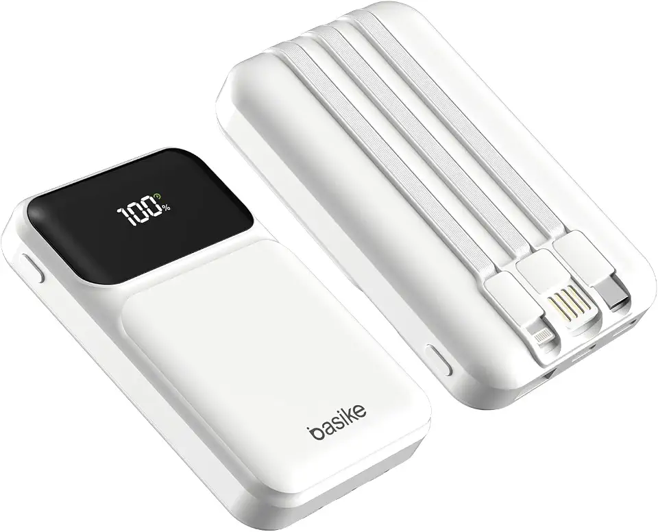 Basike Power Bank, Carregador Portátil Universal 10000mAh, USB-A(até 22.5W)+USB-C(até 20W) com 3 Cabos Integrados (USB-C, USB, Lightning) Carregamento Rápido, Led Indicador de Bateria (Branco)