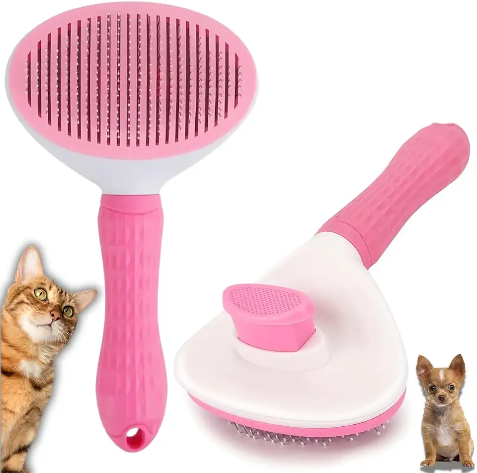 Escova Pelos Pet Automática Rasqueadeira Magica para Cães e Gatos com Cabo Texturizado de Alta Aderência (Rosa)