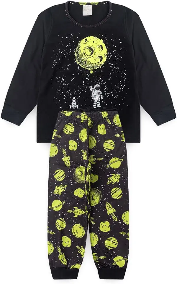 Pijama Longo Infantil Menino Blusa e Calça Astronauta Lunar Brilha No Escuro