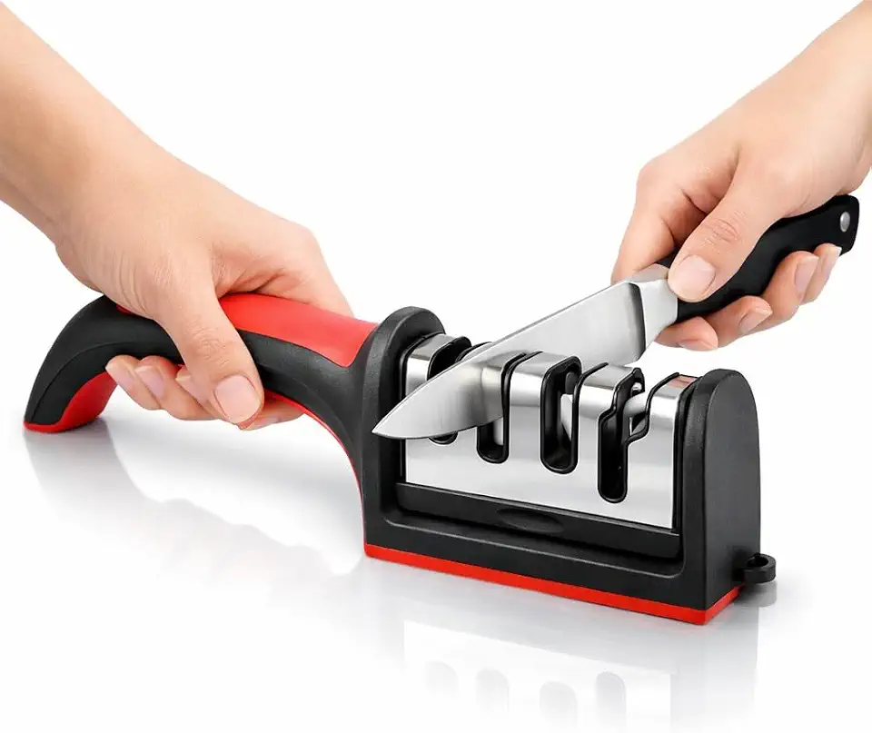 Amolador e Afiador de Facas 4 em 1 Profissional Compacto – Aço Durável, Base Antiderrapante, Cabo Ergonômico e Corte Preciso – Qualidade Premium