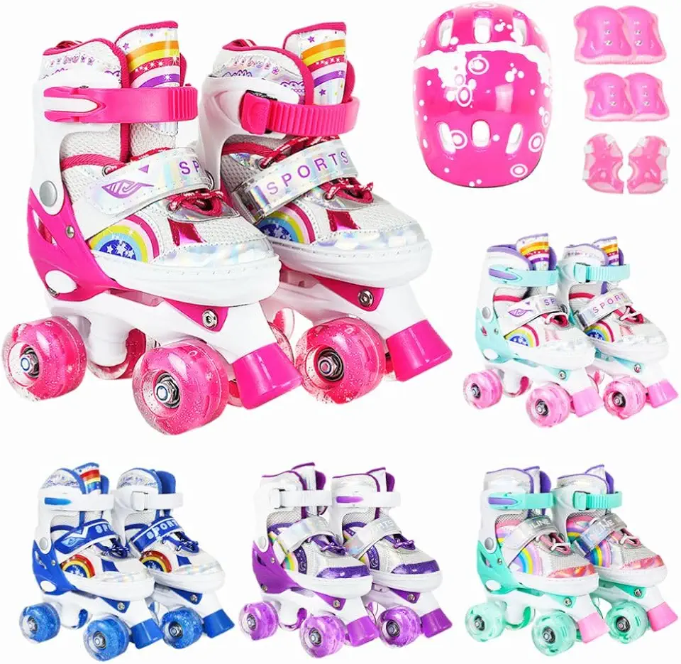 Patins 4 Rodas Infantil Ajustável Led + Kit Proteção