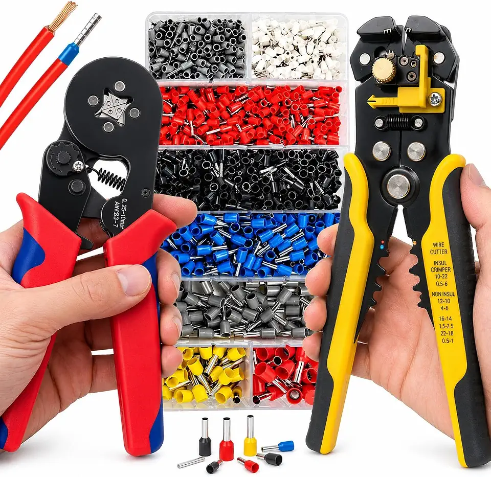 Kit Alicate de Crimpar Terminal Tubular 0,25–10 mm² + Alicate Descascador e Decapador de Fios 3 em 1 + Estojo com 1200 Terminais Tubulares Ilhós Coloridos para Eletricista Profissional Premium