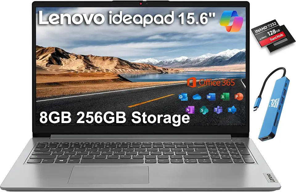 Lenovo Computador portátil IdeaPad, antirreflexo de 15,6 polegadas, 8 GB de RAM, 256 GB (SSD de 128 GB + 128 GB eMMC), Office 365 de 1 ano, CPU Intel Core, para estudantes, casa, trabalho, teclado