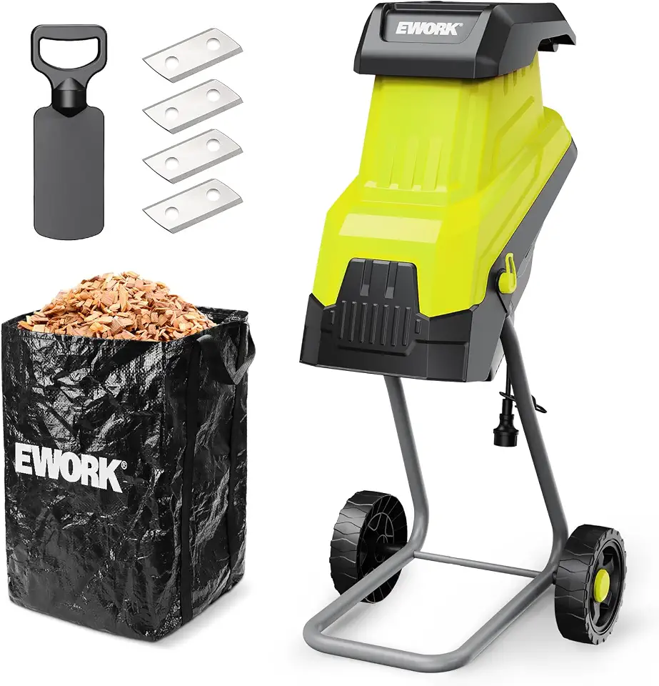 EWORK Triturador elétrico de madeira de 15 amp, taxa de redução alta de 15:1 com 4 lâminas de aço incluídas, capacidade de 4 cm, cobertura de jardim para compostagem de galhos e galhos