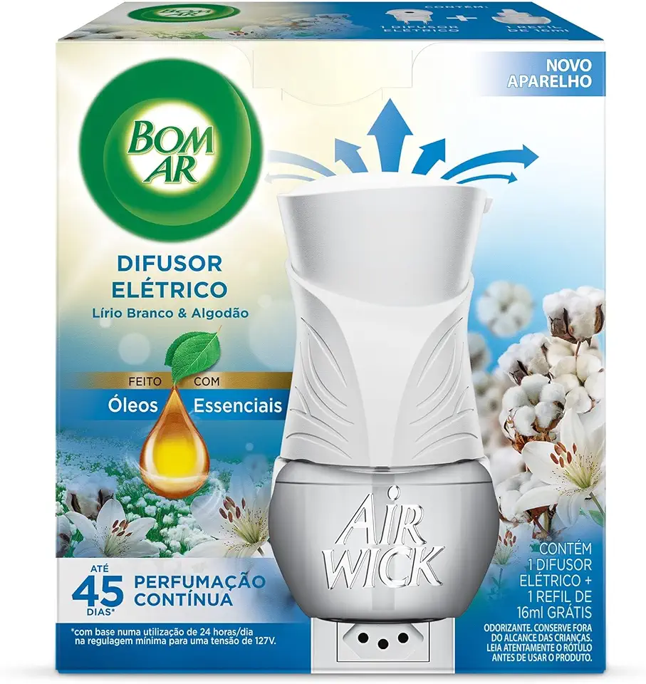 Bom Ar Difusor Elétrico Lirio Branco e Algodão Aparelho + Refil 16ml