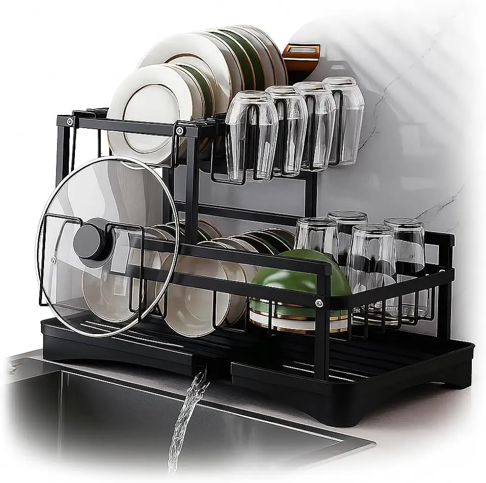 Escorredor de Louça em Aço Carbono Preto com Bandeja de Drenagem, Suporte para Copos, Talheres e Tábuas – Compacto, Resistente, Antiferrugem – Organizador de Pia Cozinha Moderna
