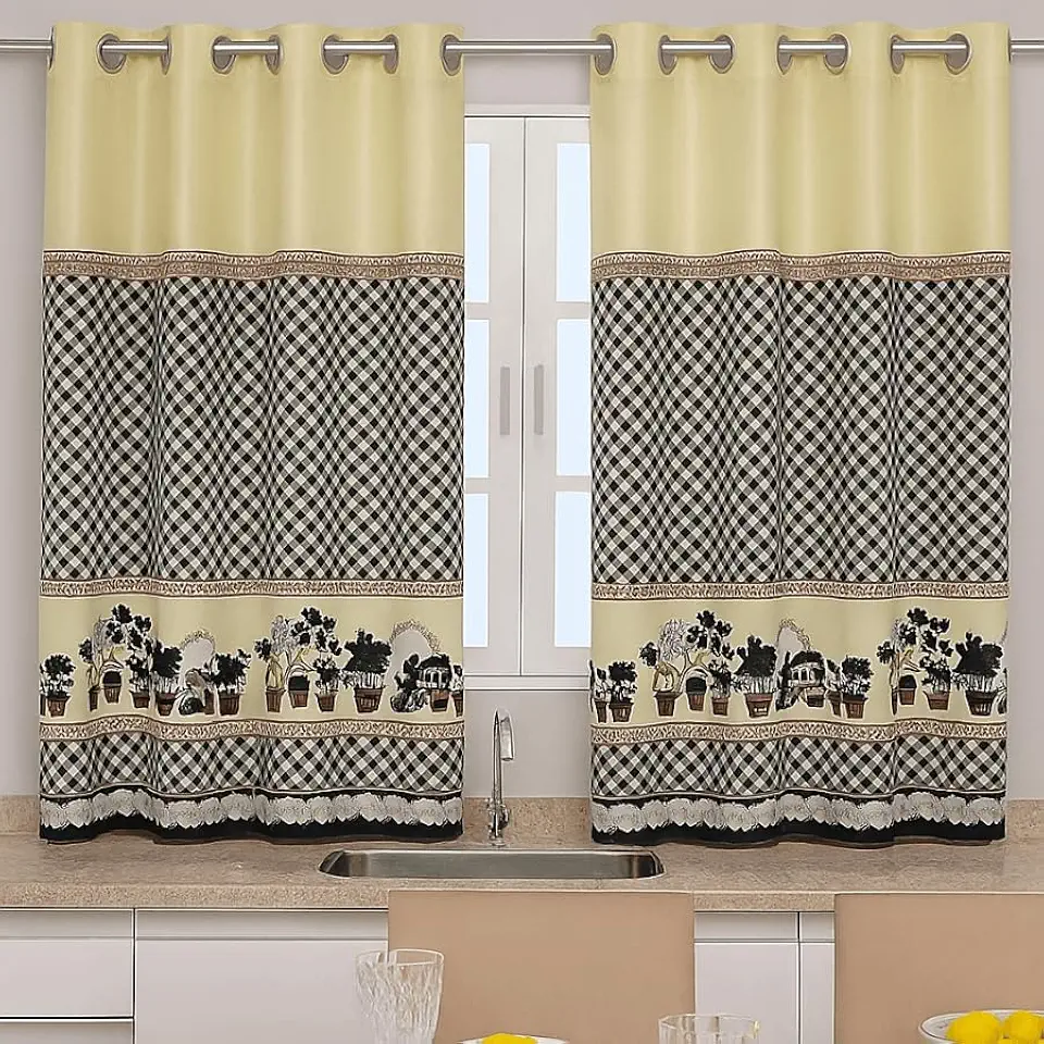 Cortina Cozinha Oxford 2,00x1,40 Estampada Cappuccino Janela Vitrô Ilhós Blackout Blecaute Decorativa Poliéster Varão (Fazendinha)