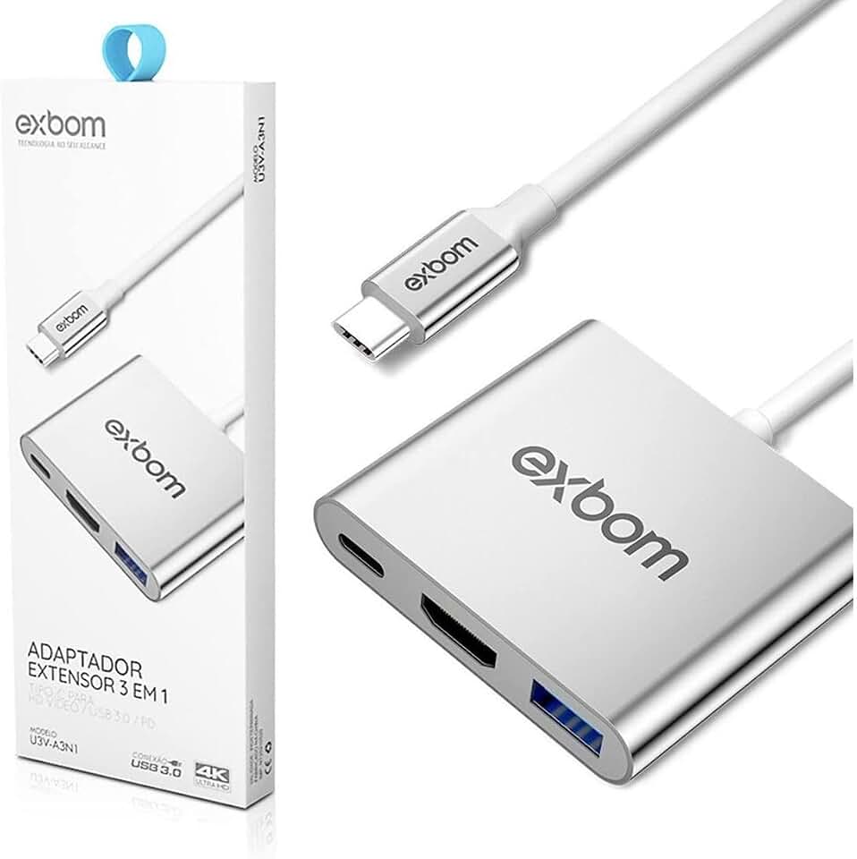 Cabo Adaptador 3 em 1 Conversor USB Tipo-C para HDMI + USB 3.0 + Tipo C Exbom U3V-A3N1