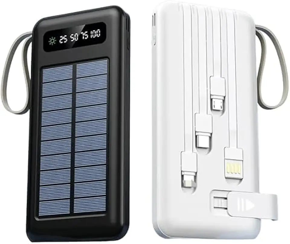 Power Bank Solar Carregador Portátil 20.000mah Com lanterna cabos Integrados 5 Em1 LED - Compatível com Iphone e outros celulares (Cor Aleatória Branco ou Preto)
