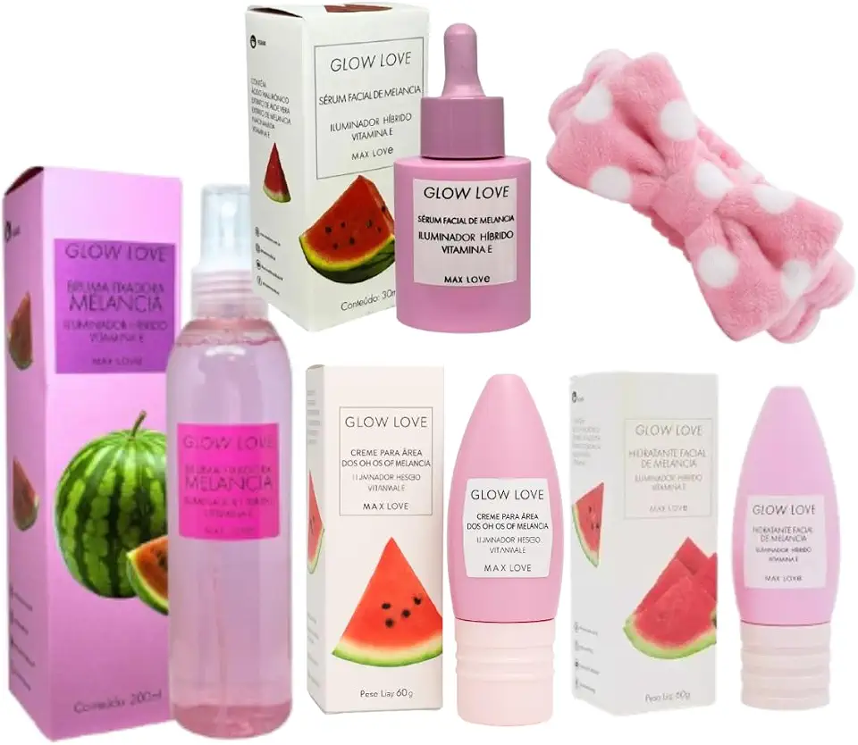 Max Love Kit Skincare Glow Love Melancia Completo, Sérum Facial, Hidratante Facial 60g, Creme para Área dos Olhos, Vegano