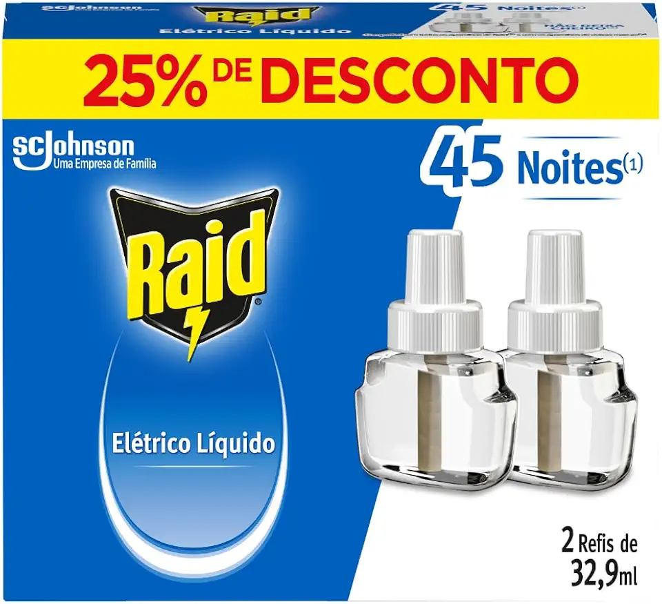 Raid Repelente Eletrico Líquido, 45 Noites de Proteção, 2 Refis de 32,9ml para Aparelho