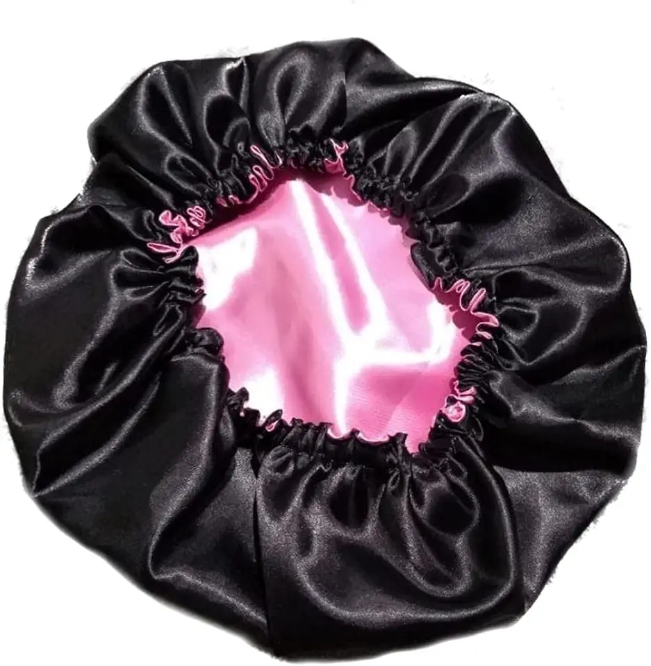 Touca De Cetim Dupla Face Preta Com Rosa Ajustável
