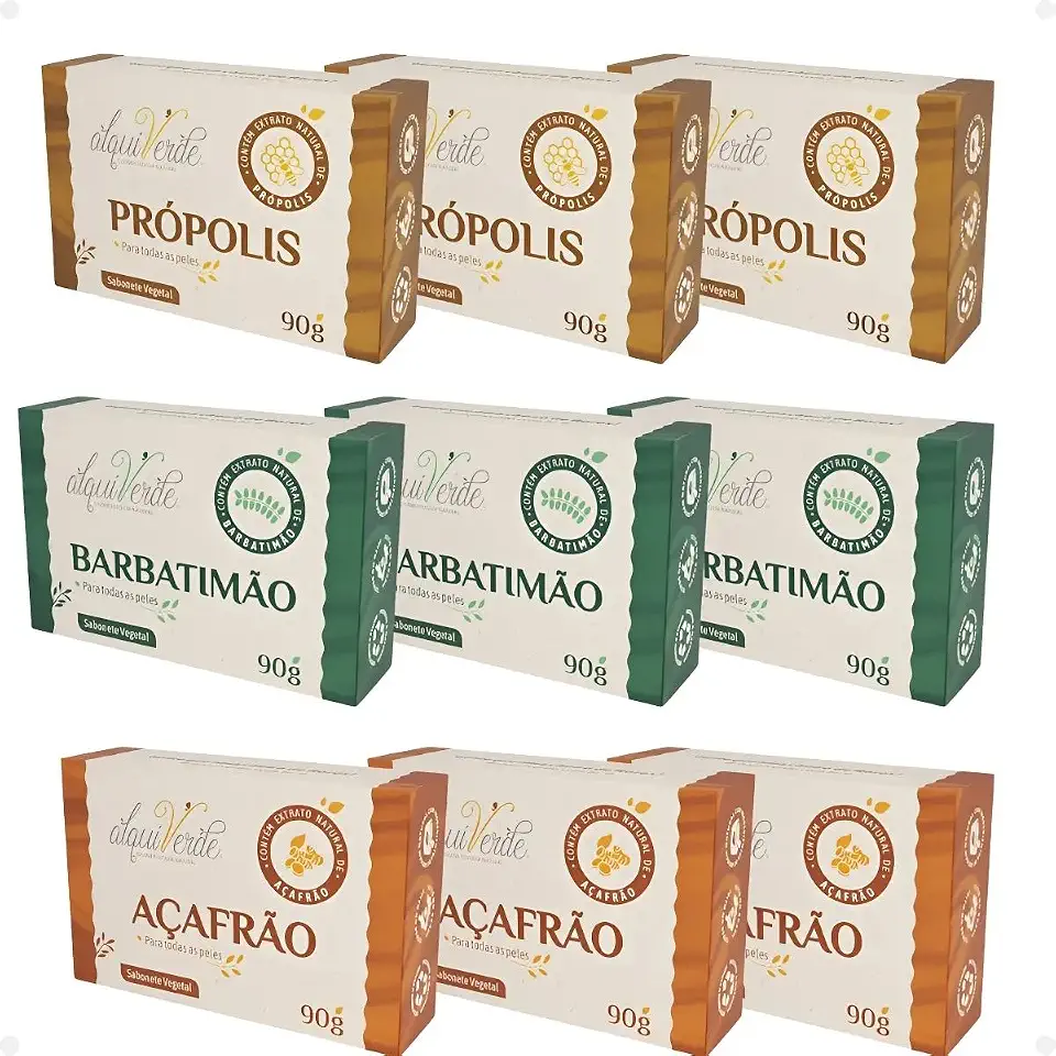 Kit com 9 Sabonetes Naturais Veganos Alquiverde – Própolis, Barbatimão e Açafrão | Hidratante, Antisséptico, Cicatrizante, Artesanal, Ecológico e Sustentável para Todos os Tipos de Pele