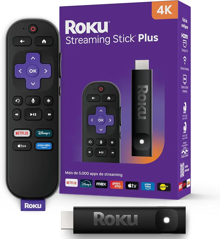 Roku Streaming Stick Plus 4K 2025 | Dispositivo de streaming para TV 4K com controle remoto por comando de voz compatível com Alexa, Siri e Google