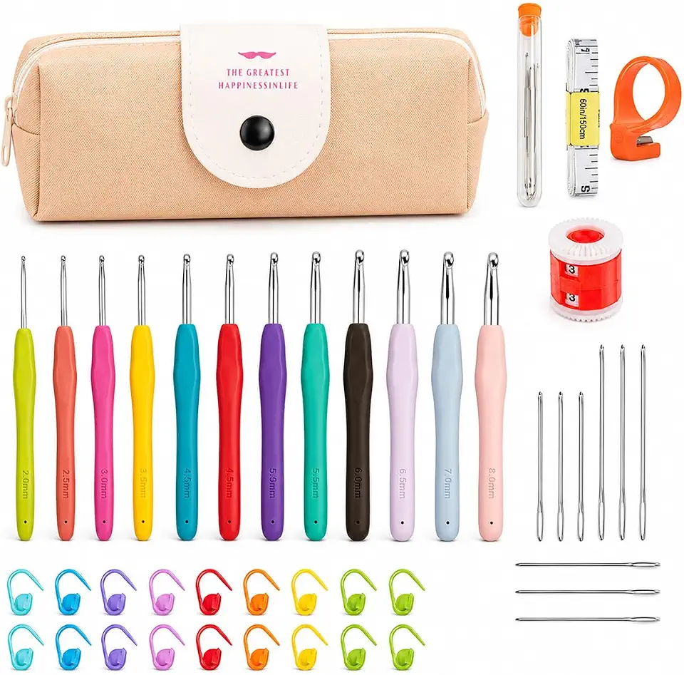 Conjunto de Agulhas de Crochê 41 Peças com Estojo, Agulhas de Alumínio 2,0–8,0 mm com Cabos Ergonômicos Antifadiga, Acessórios de Tricô Multicoloridos