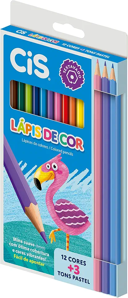 Lápis de Cor CIS, Caixa com 12 cores + 3 Lápis de Cor Tons Pastel, Multicolorido, 44.8004