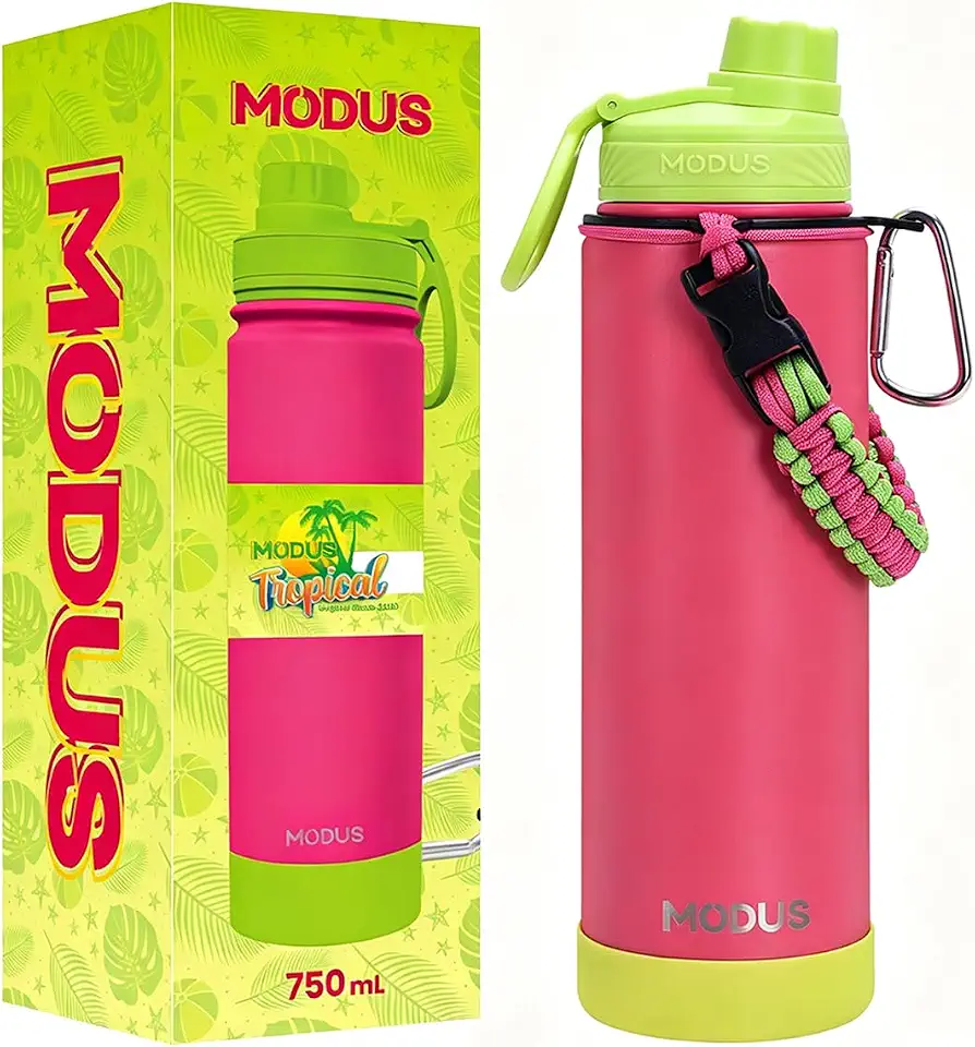 MODUS Garrafa Térmica de Aço Inoxidável 750ml a Vácuo com Alça de Paracord e Protetor Antichoque Removível (Rosa Fluorescente)