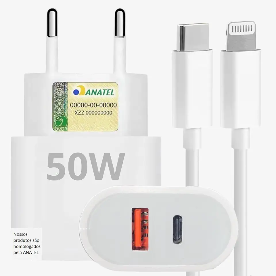 Carregador Turbo 50W Linha Premium com Cabo USB-C-Lightning – Dupla saída para carregar dois dispositivos - Carregamento Rápido Power Delivery