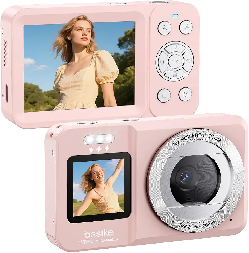 Basike Câmera Fotográfica Digital 4K UHD 64MP, Zoom 18X, Tela Dupla com Flash, Foco Automático e Time-Lapse, para Iniciantes, Jovens e Viagens, Compacta, Criativa e Portátil – Rosa