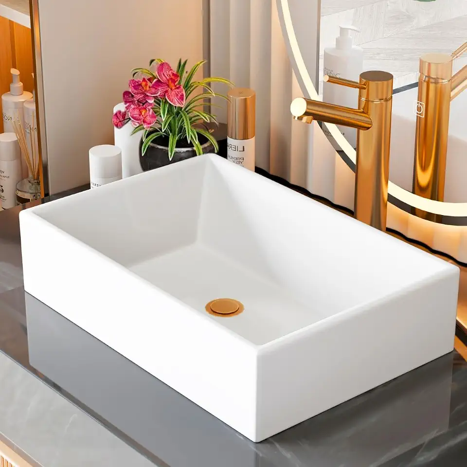 Pia Para Banheiro Cuba de Sobrepor 40cm Apoio Lavabo Retangular Mármore Sintético Branca