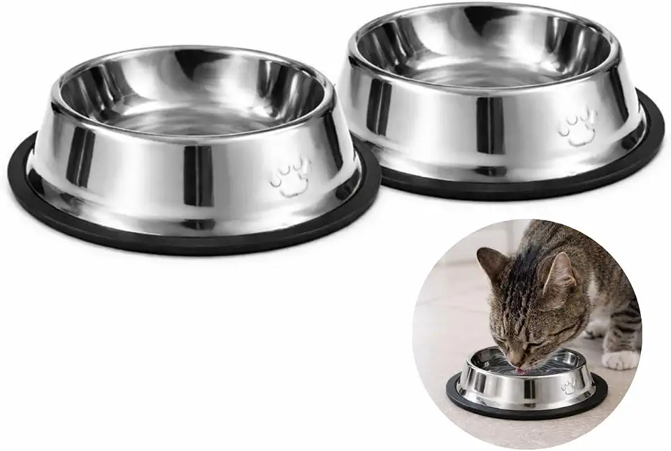 Kit 2 Comedouros para Pet em Aço Inox com Base Antiderrapante, 250ml, 13 cm Diâmetro, pote Cães e Gatos de Pequeno Porte