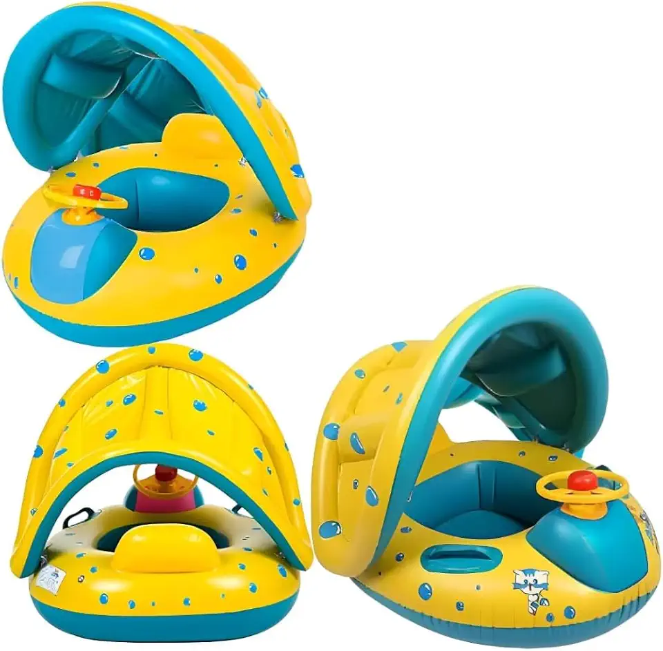 Boia Infantil com Cobertura Solar, Amarela e Azul, PVC Resistente, 90x46cm, Assento Ergonômico, Proteção UV, Para Crianças 6 Meses a 3 Anos, Suporta 26kg