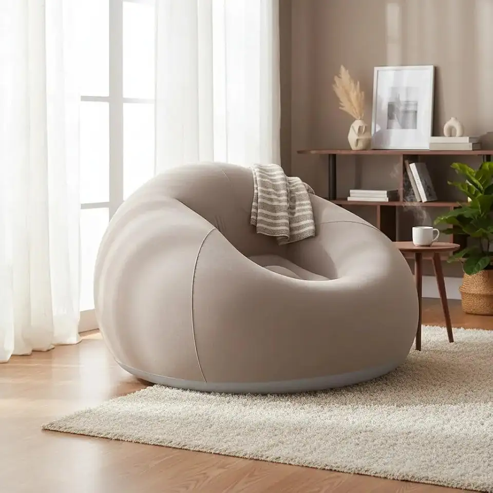 Poltrona Puff Inflável Aveludado Portátil Sofá Preguiçoso Lounge Dobrável Impermeável Para Camping Praia Sala Quarto Bege