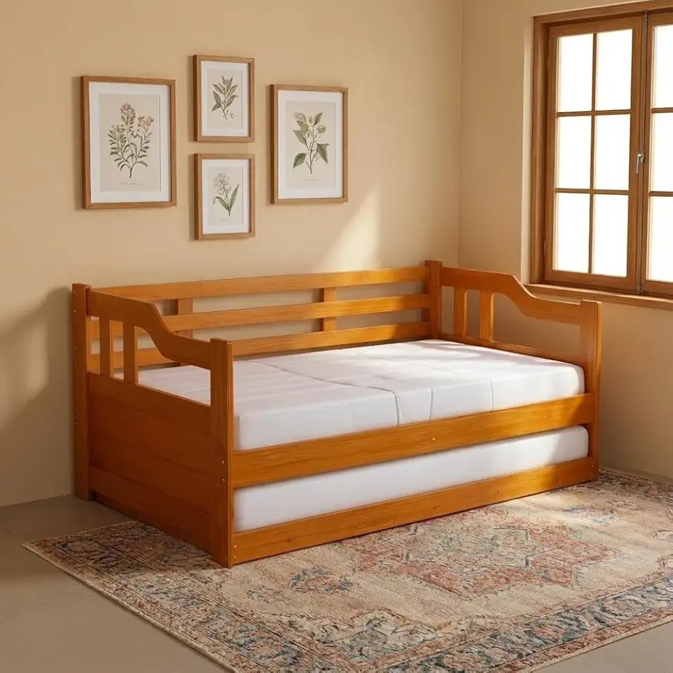 Sofá Cama Solteiro De Madeira Maciça Com Cama Auxiliar Repleta
