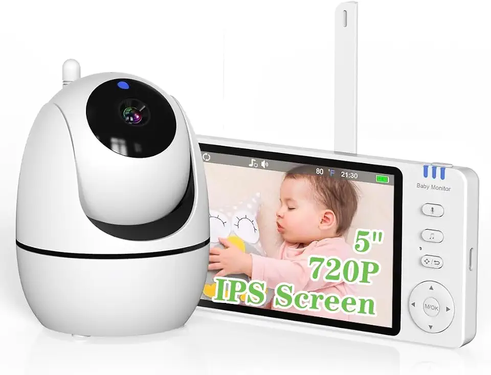 Babá Eletrônica com Tela, 5" 1080p HD Monitor de Bebê com Câmera, baby monitor Sem Wifi, Visão Noturna, Comunicação Bidirecional, Sensor de Temperatura, Panorâmica Inclinação, 110/220v