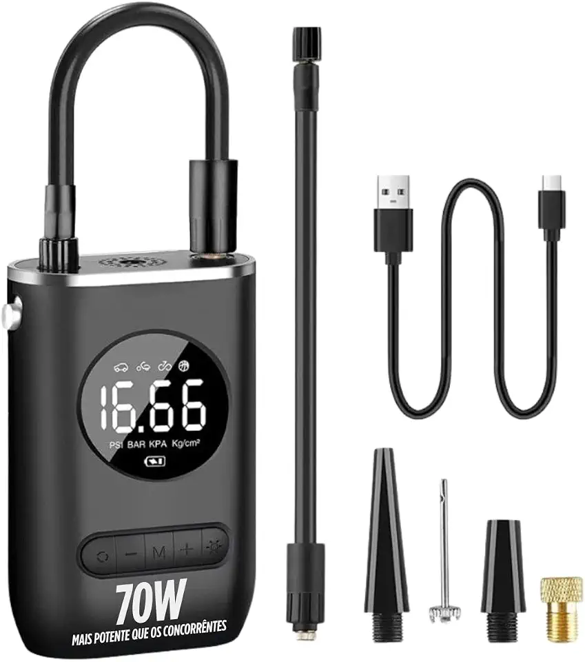 Calibrador Portátil Compressor Bomba De Ar Digital Com Lanterna LED para Encher Pneus de Carro, Moto, Bike, Bicicleta, Bola e Piscina Inflável Premium