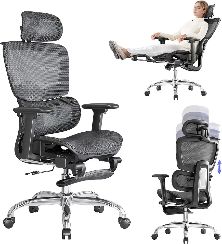 LarkLeaves Cadeira Ergonômica de Escritório com Encosto Ajustável 3D, Apoio de Braço 3D, Suporte Lombar Adaptativo 2D, Malha Respirável, Preta