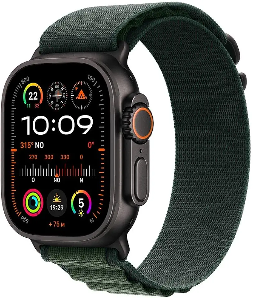 Apple Watch Ultra 2 GPS + Cellular • Caixa preta de titânio – 49 mm • Pulseira loop Alpina verde-escura – M