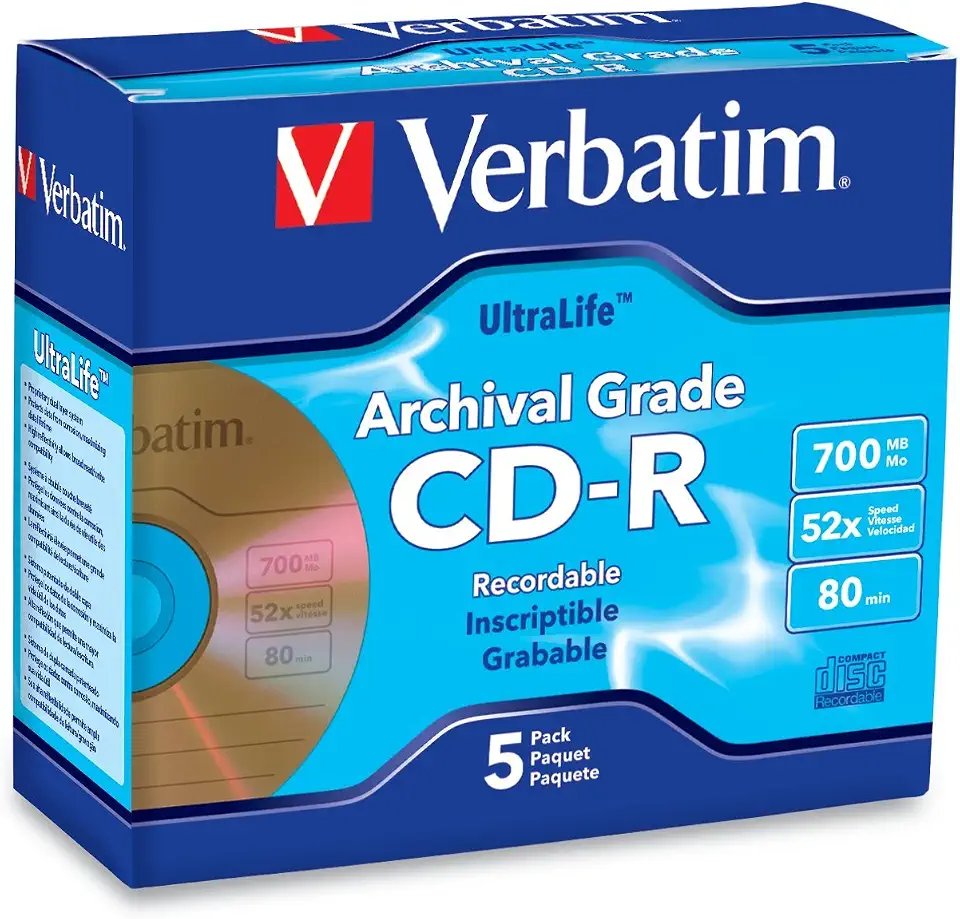 Verbatim CD-R 700MB 52X UltraLife Gold Archival Grade – Superfície de marca e revestimento rígido – embalagem com 5 caixas de joias – 96319