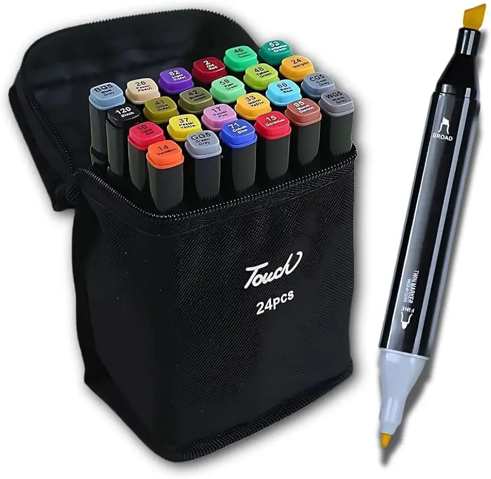 Kit de 24 Canetas Marcador Permanente Ponta Dupla Coloridas para Desenho Profissional Escolar Infantil com Estojo Organizador Base Artista Canetinhas Hidrográficas Alcool Caneta para Colorir