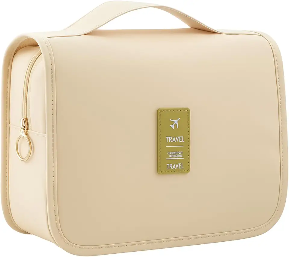 Bolsa Necessaire Maquiagem Cosméticos Feminina Viagem Com Divisória e Cabide para Pendurar Organizador de Maquiagem Muito Espaço para Maquiagem Shampoo Perfumes Higiene Pessoal (Bege)
