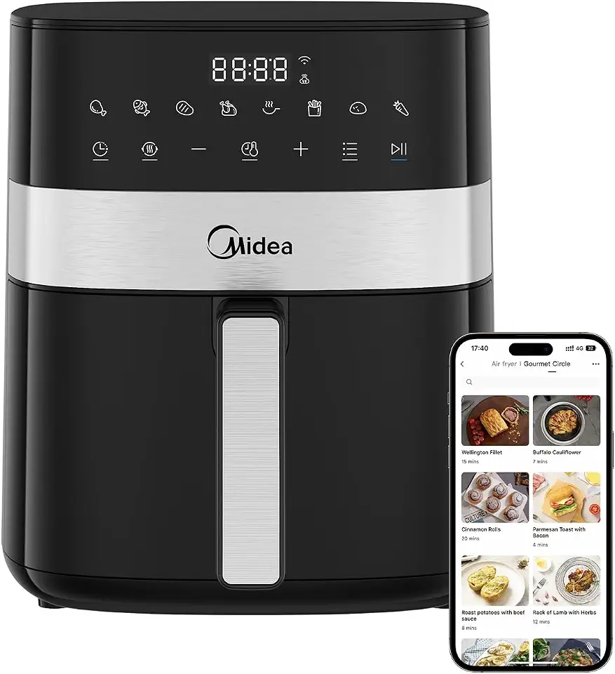 Midea Air Fryer Fritadeira 6L, 9 Menus Predefinidos, Tela de Toque LED, Desligamento Automático, Função IOT, 90% Menos Gordura, cesta Antiaderente e Prato Mais Crocante 127V/60Hz