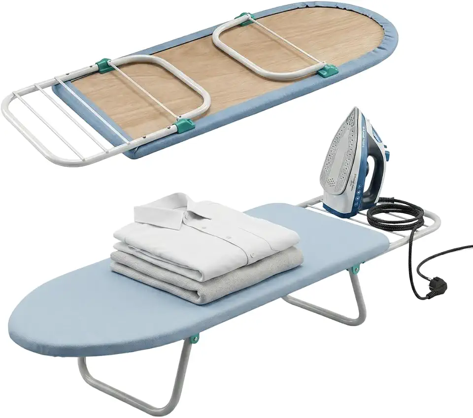 Tabua de Passar Roupa Portátil Dobrável em Aço Suporte para Ferro e Tampo de Madeira em Espuma e Tecido Térmico Ideal para Cama Mesa Sofá