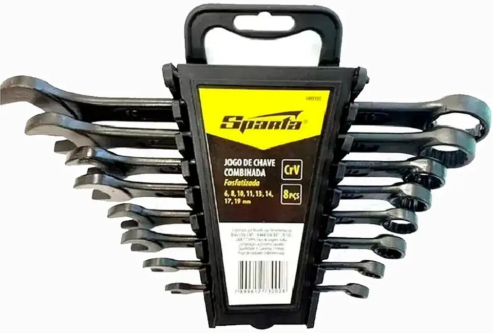 Sparta Jogo de Chaves Combinadas 8 Peças (6–19 mm) – Cromo Vanádio Fosfatizado, Aço CrV 40–47 HRC